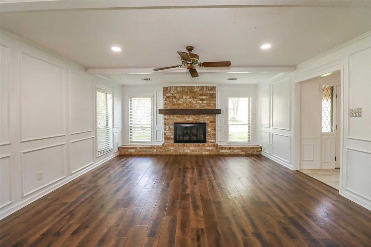 Empty room, Fireplace, Interior, Recessed Lighting, Wood Texture Flooring