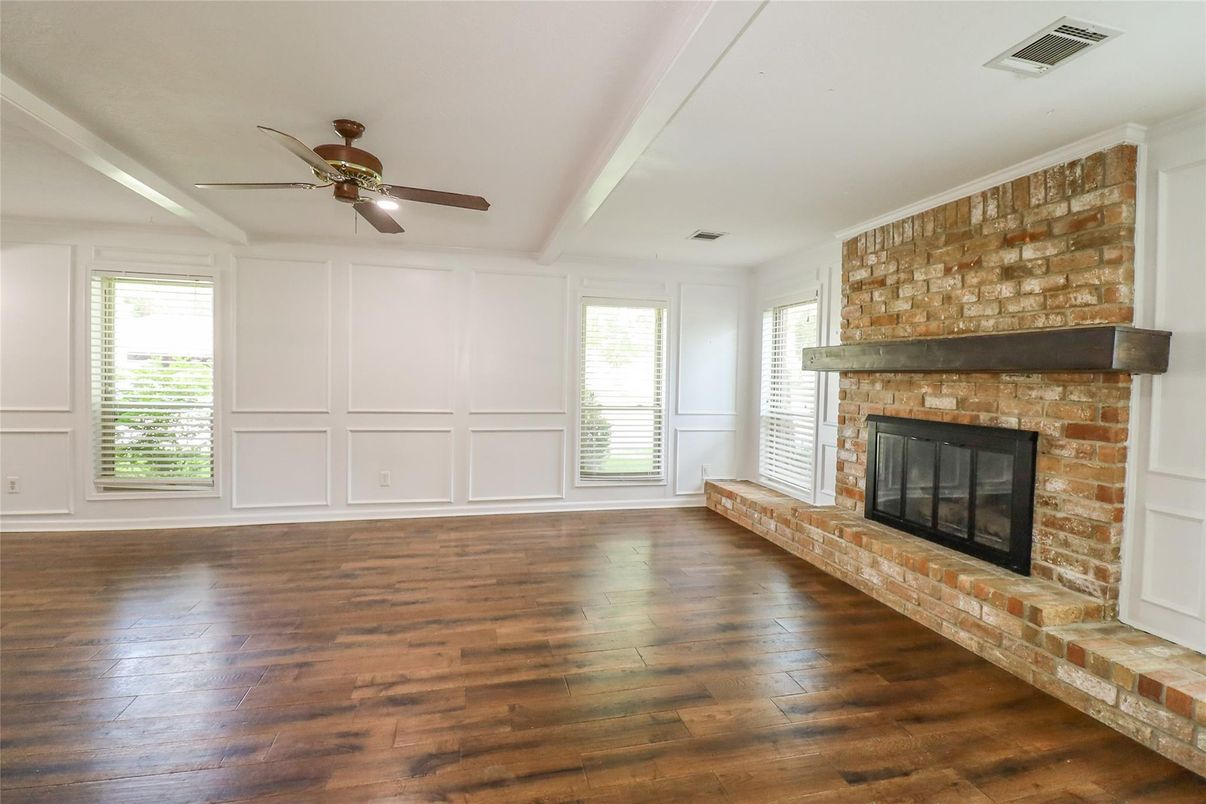 Empty room, Fireplace, Interior, Stone Walls, Wood Texture Flooring