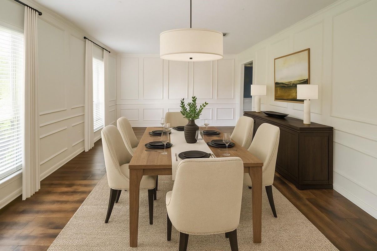Dining room, Interior, Pendant Lights, Wood Texture Flooring