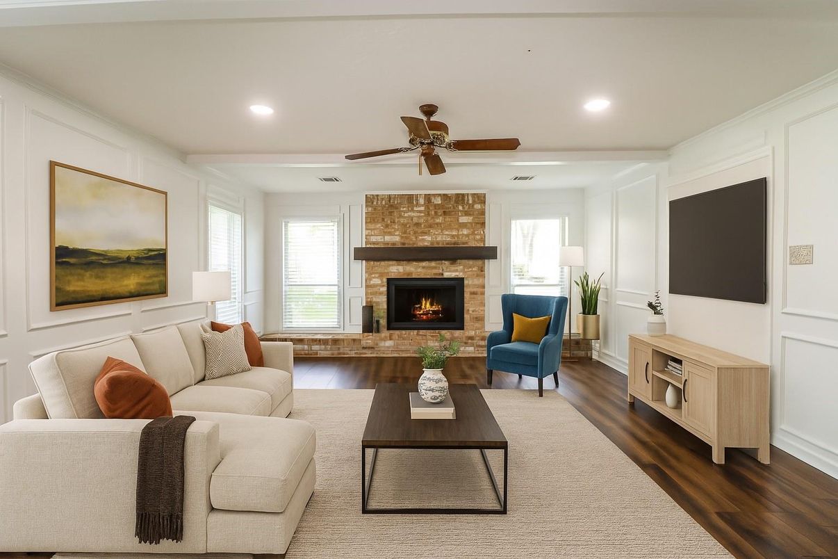 Fireplace, Interior, Living room, Recessed Lighting, Stone Walls, Wood Texture Flooring