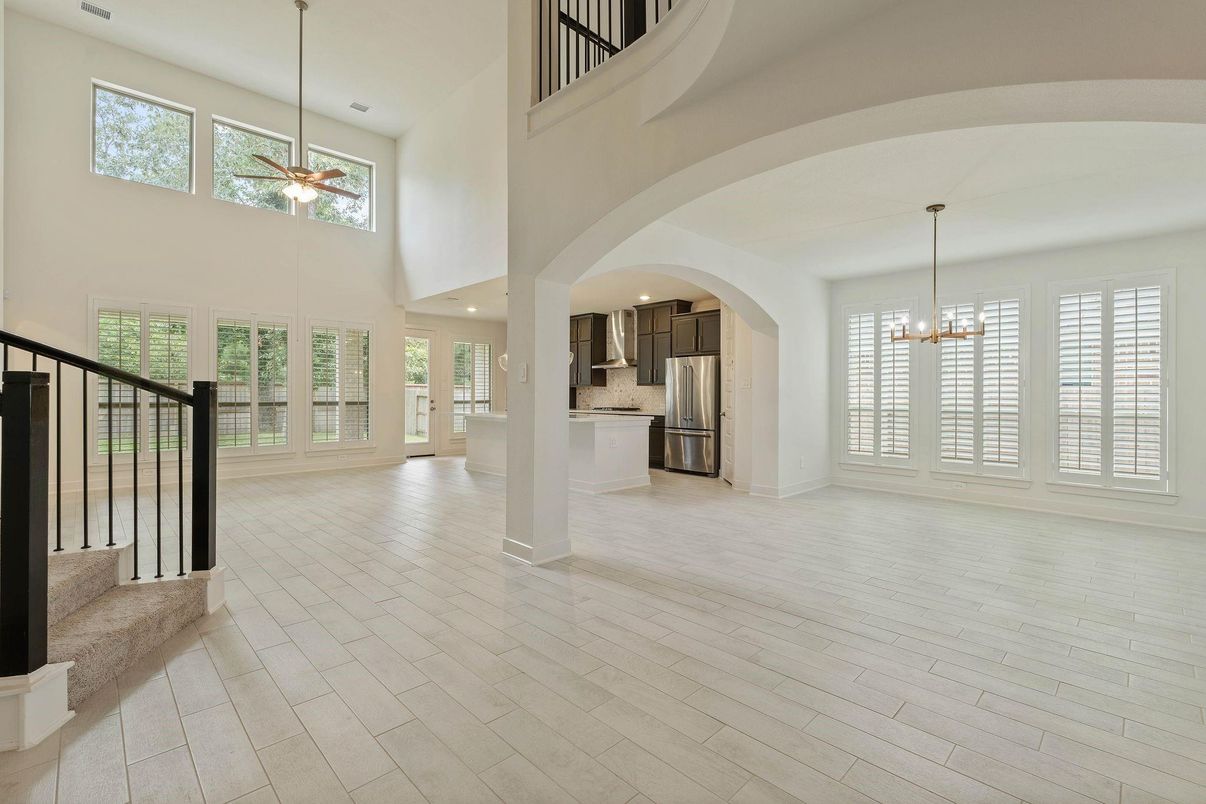 Chandelier, Interior, Kitchen, Pendant Lights, Recessed Lighting, Stainless Steel Appliances, Wood Texture Flooring