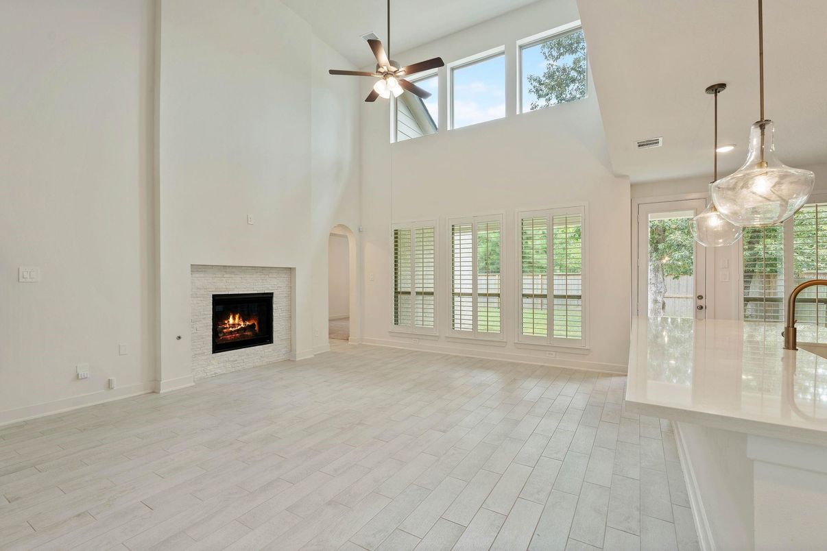 Fireplace, Interior, Pendant Lights, Wood Texture Flooring