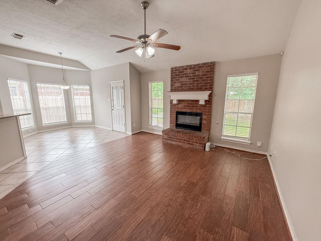 Empty room, Fireplace, Interior, Stone Walls, Wood Texture Flooring