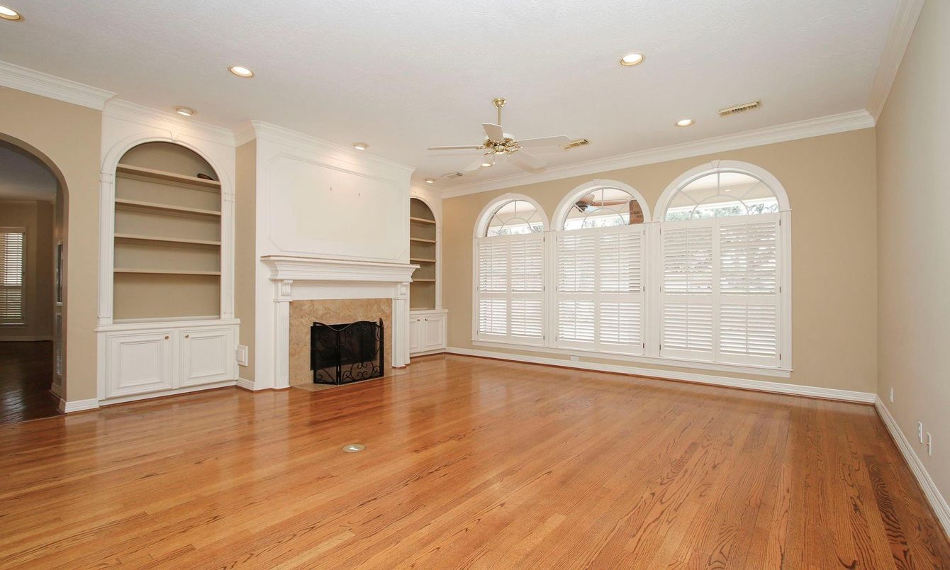 Empty room, Fireplace, Interior, Recessed Lighting, Wood Texture Flooring