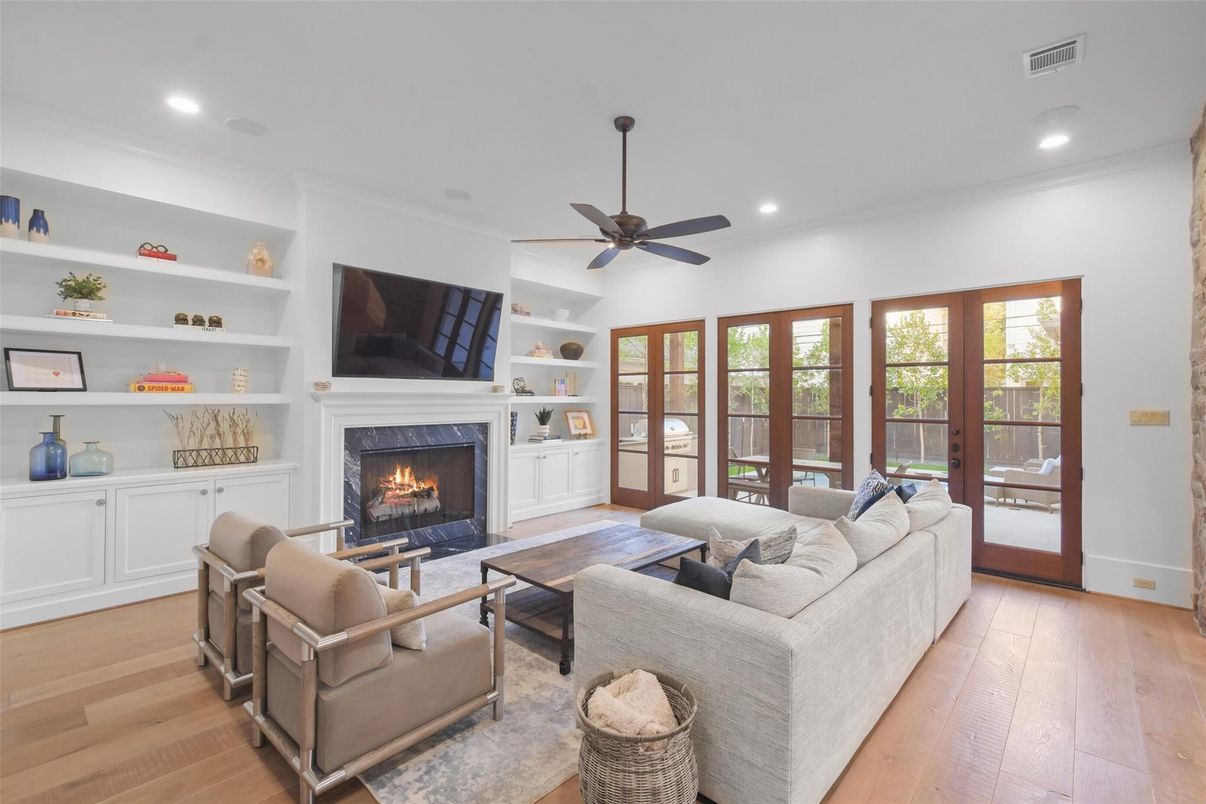 Fireplace, Interior, Living room, Recessed Lighting, Wood Texture Flooring
