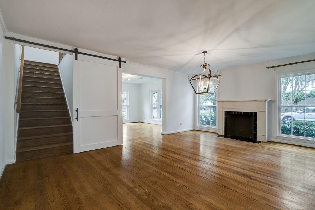 Empty room, Fireplace, Interior, Pendant Lights, Wood Texture Flooring