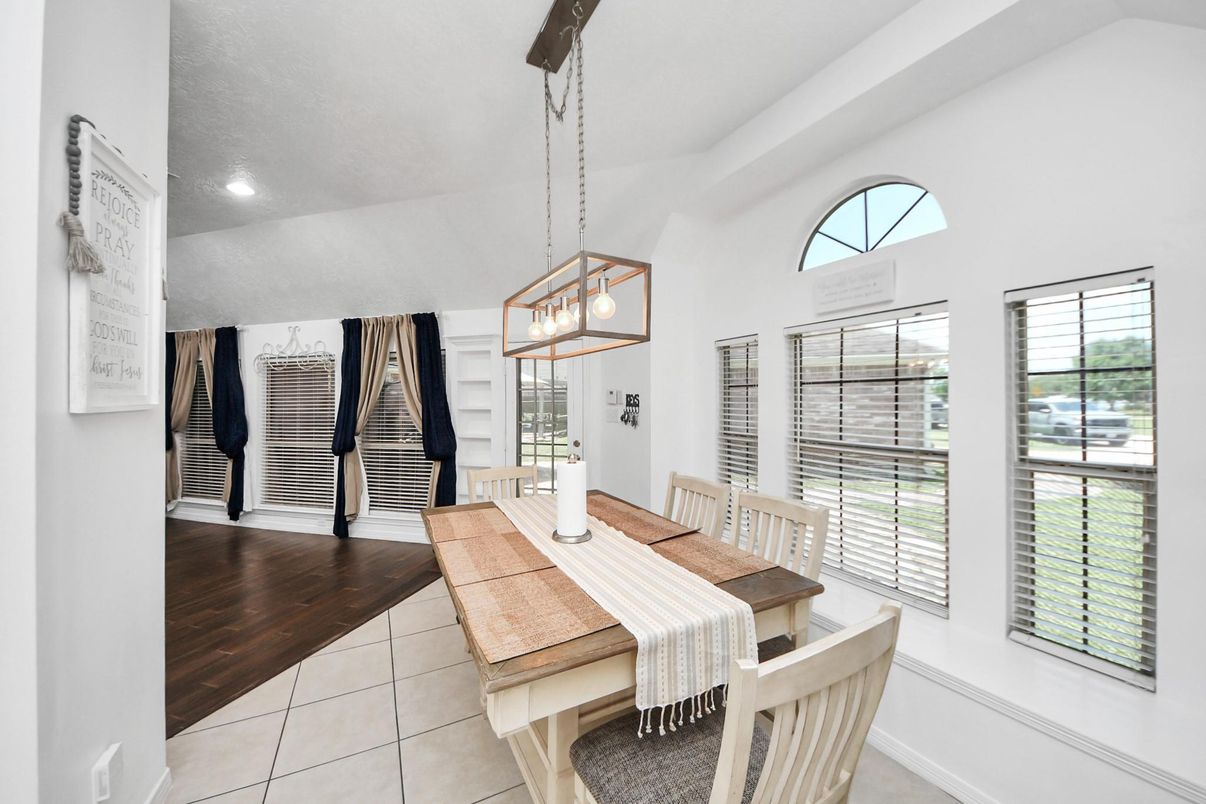Dining room, Interior, Pendant Lights, Recessed Lighting, Wood Texture Flooring