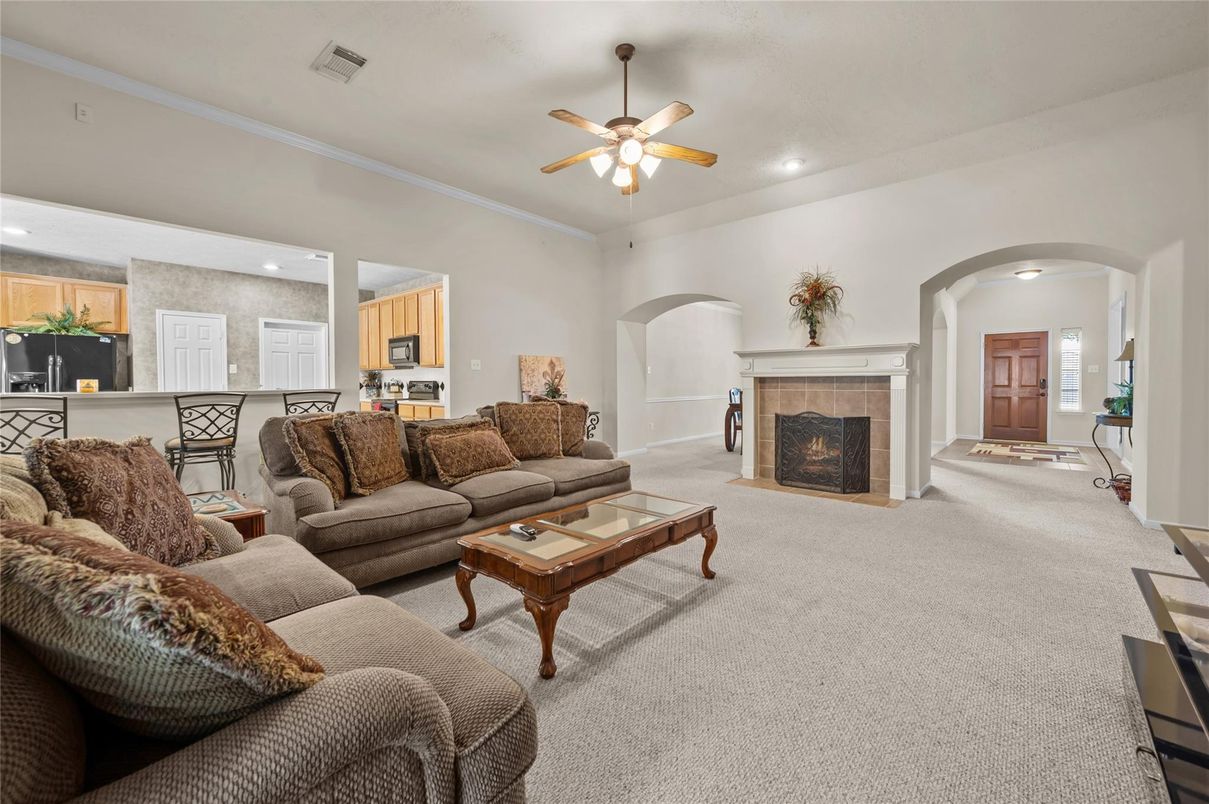 Fireplace, Interior, Kitchen, Living room, Recessed Lighting