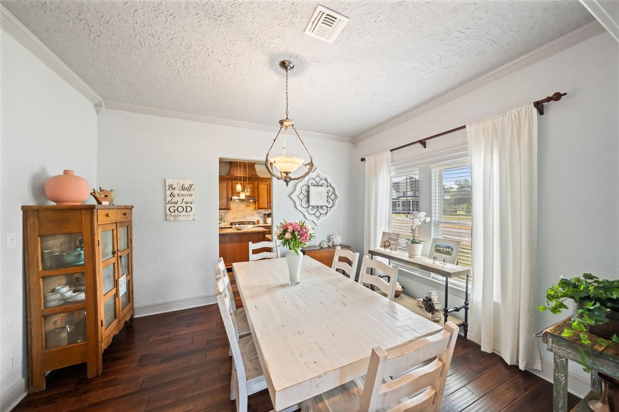 Dining room, Interior, Pendant Lights, Wood Texture Flooring