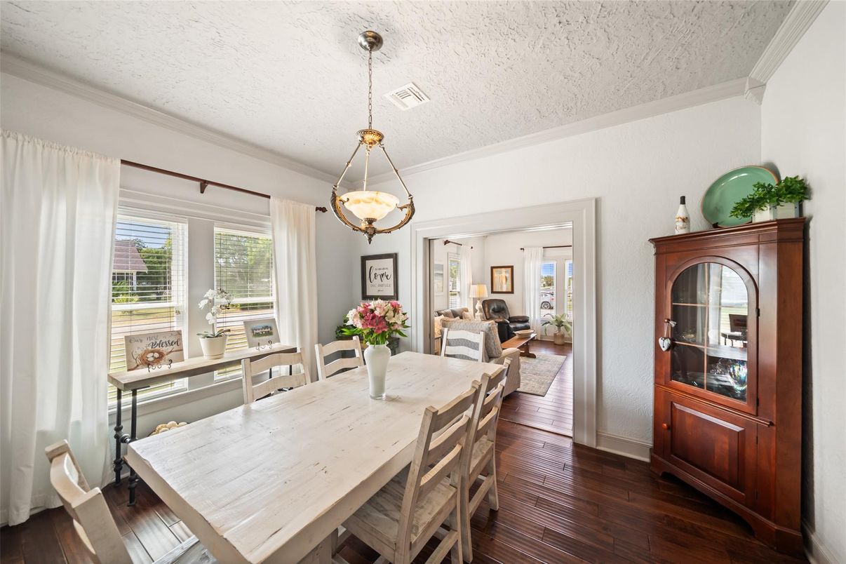 Dining room, Interior, Pendant Lights, Wood Texture Flooring