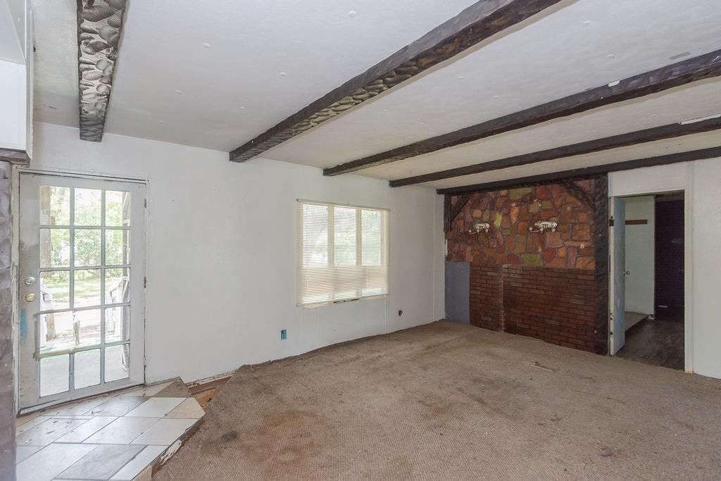 Empty room, Fireplace, Interior, Stone Walls, Wooden Beams
