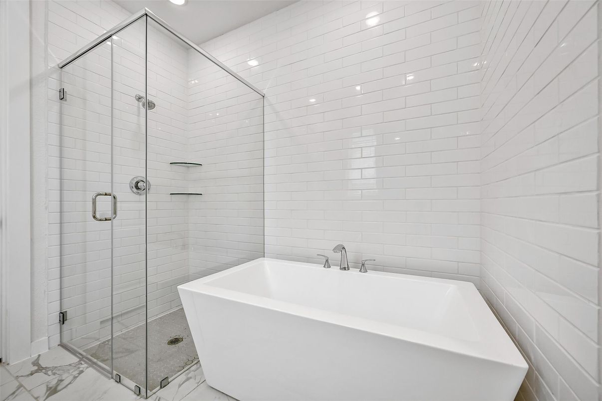 Bathroom, Free Standing Baths, Glass Shower, Interior, Marble, Recessed Lighting