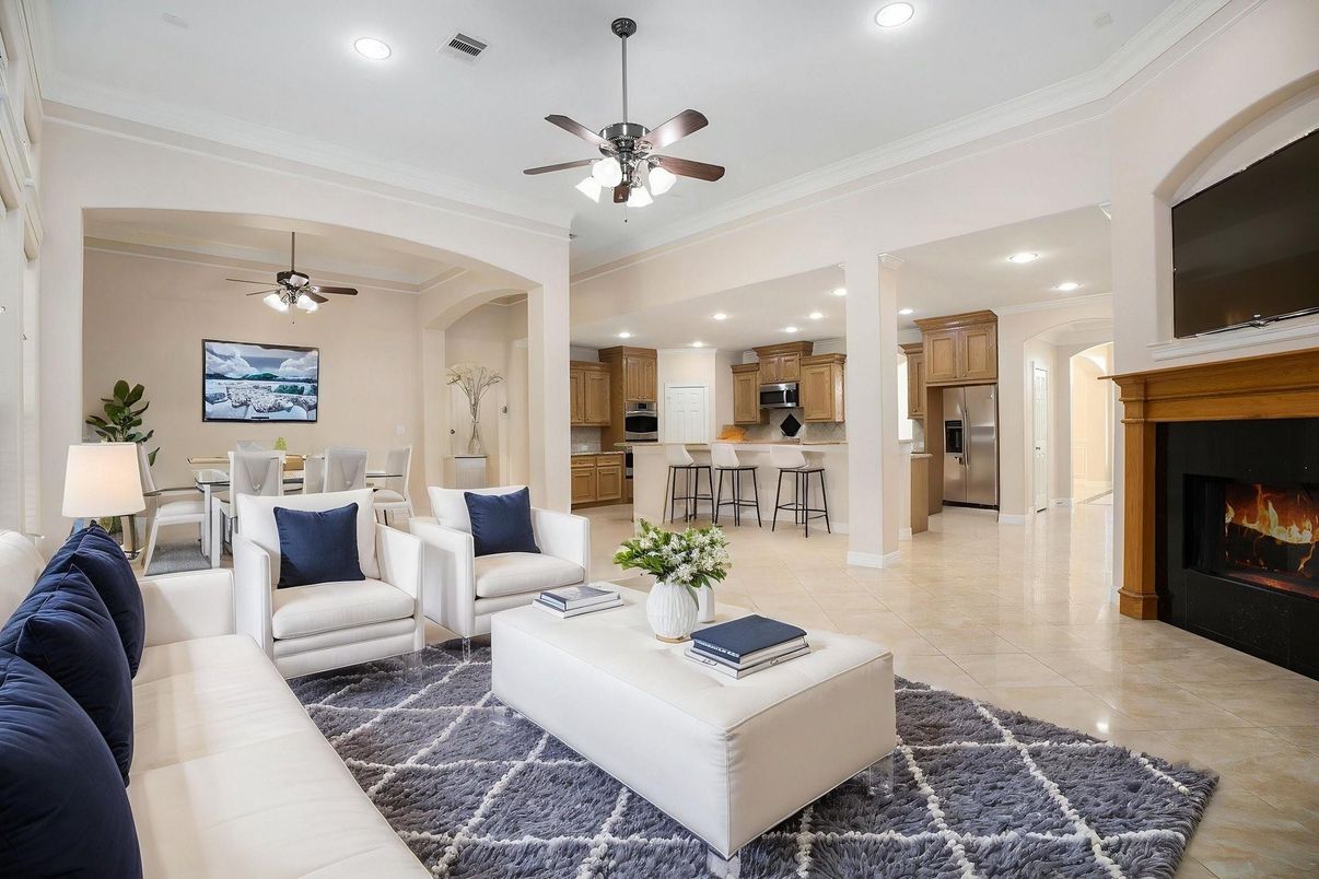 Dining room, Fireplace, Interior, Kitchen, Living room, Recessed Lighting, Stainless Steel Appliances