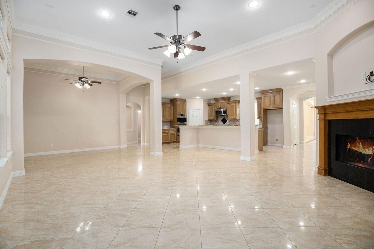 Empty room, Fireplace, Interior, Kitchen, Recessed Lighting