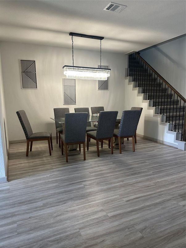 Chandelier, Dining room, Interior, Wood Texture Flooring