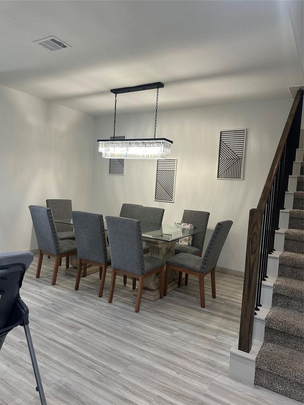 Chandelier, Dining room, Interior, Pendant Lights, Wood Texture Flooring