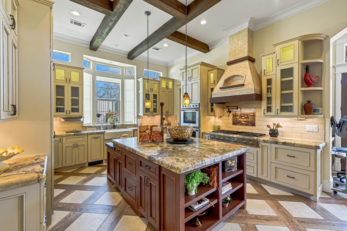 Interior, Kitchen, Pendant Lights, Recessed Lighting, Stainless Steel Appliances, Wooden Beams