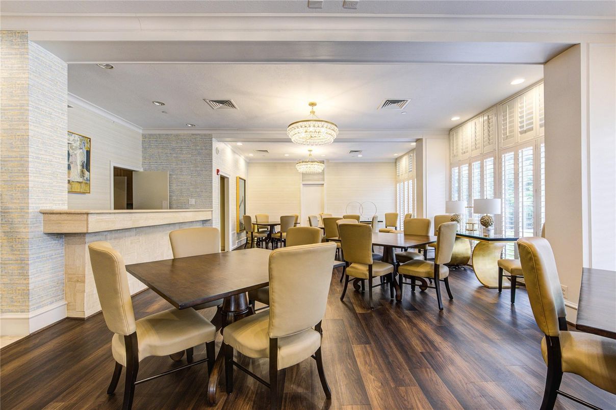 Chandelier, Dining room, Interior, Recessed Lighting, Stone Walls, Wood Texture Flooring