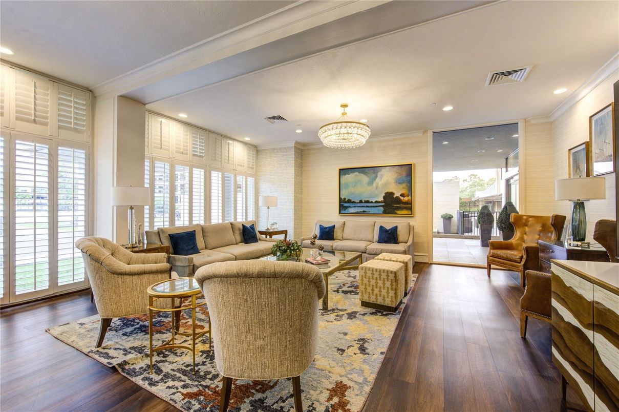 Chandelier, Interior, Living room, Recessed Lighting, Wood Texture Flooring