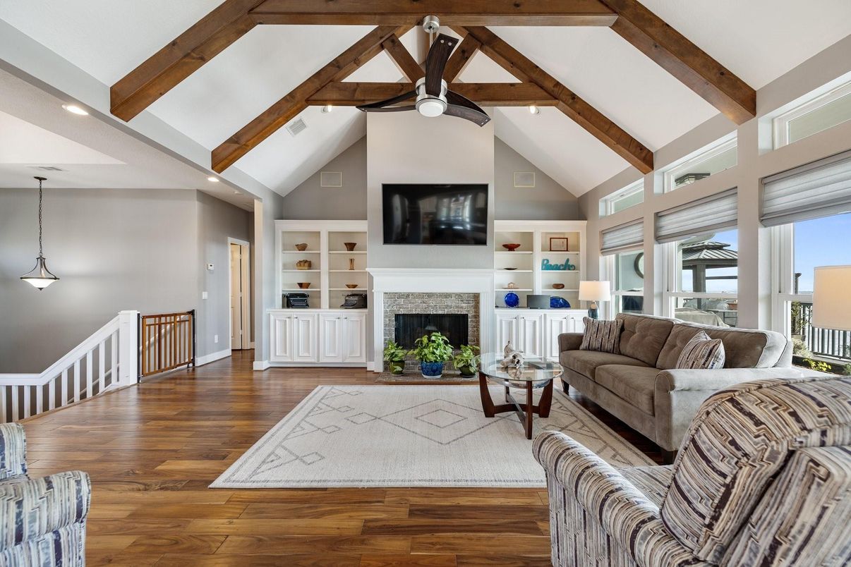Fireplace, Interior, Living room, Pendant Lights, Recessed Lighting, Wooden Beams, Wood Texture Flooring