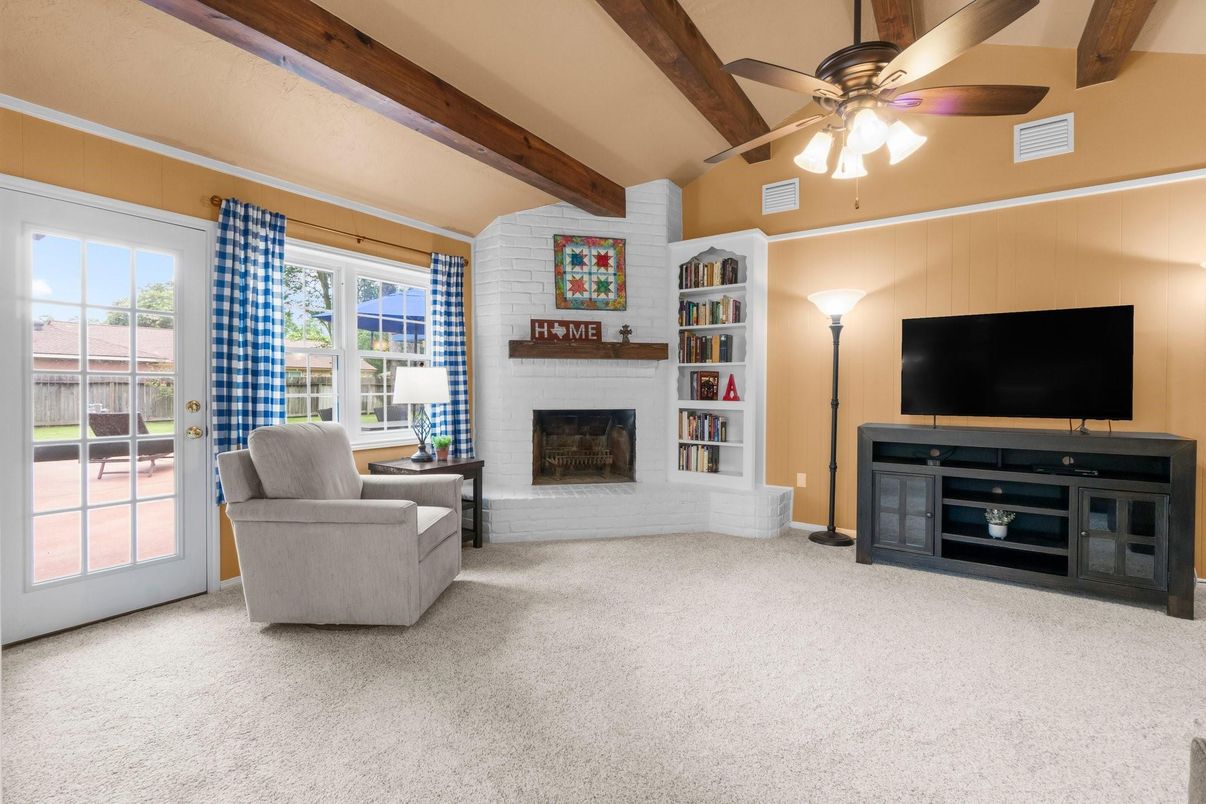 Fireplace, Interior, Living room, Stone Walls, Wooden Beams