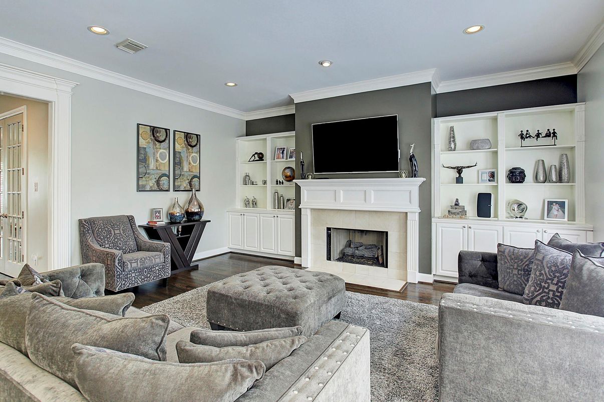 Fireplace, Interior, Living room, Recessed Lighting, Wood Texture Flooring
