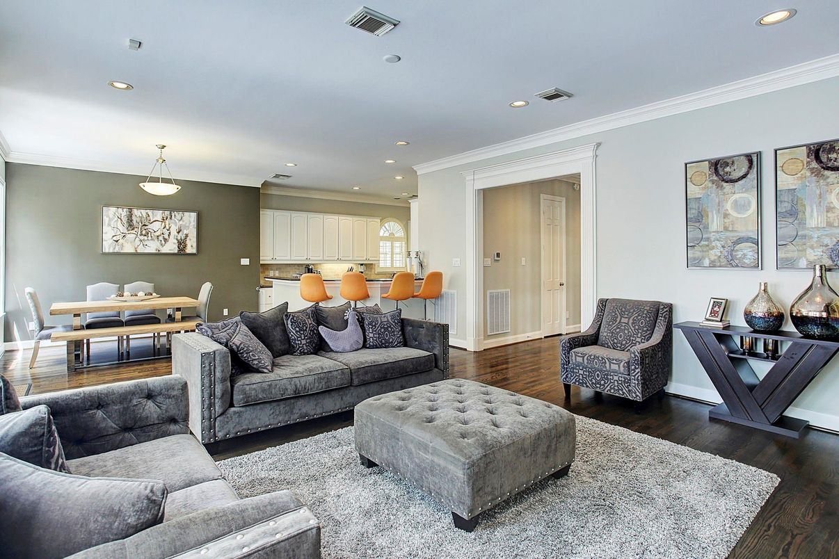 Dining room, Interior, Living room, Pendant Lights, Recessed Lighting, Wood Texture Flooring