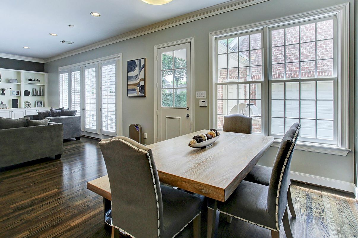 Dining room, Interior, Living room, Recessed Lighting, Wood Texture Flooring