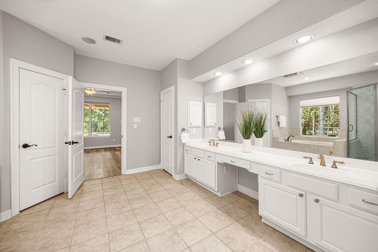 Bathroom, Dual Sink Vanities, Glass Shower, Interior, Recessed Lighting