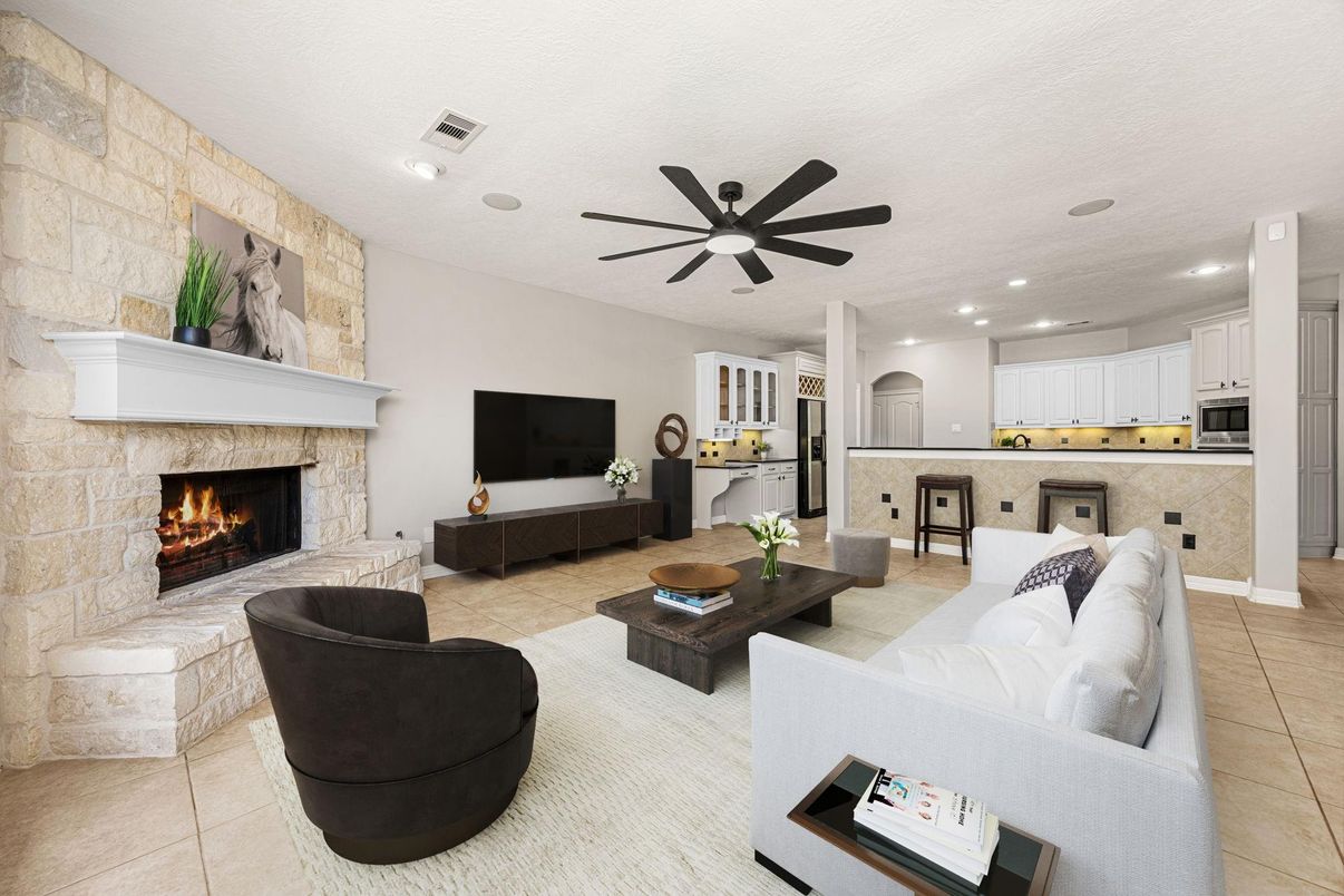 Fireplace, Interior, Kitchen, Living room, Recessed Lighting, Stone Walls