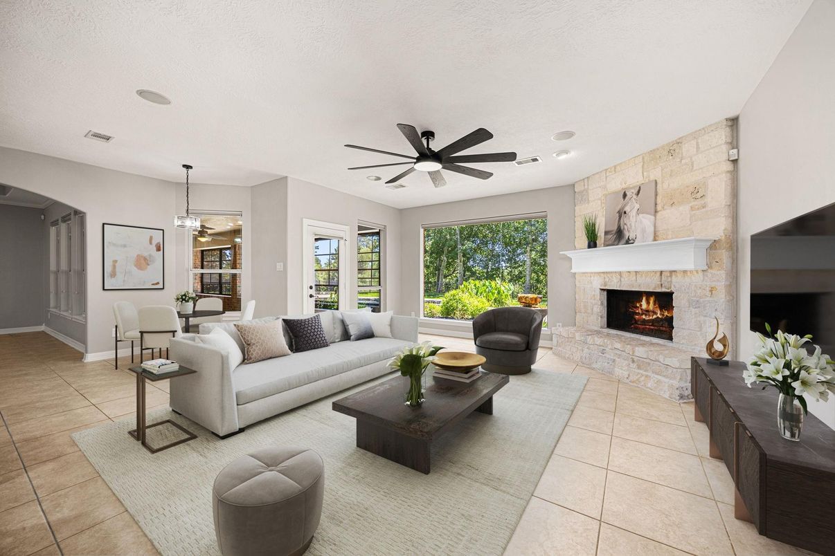 Dining room, Fireplace, Interior, Living room, Pendant Lights, Stone Walls