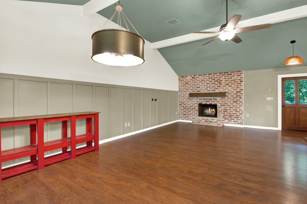 Empty room, Fireplace, Interior, Pendant Lights, Stone Walls, Wood Texture Flooring