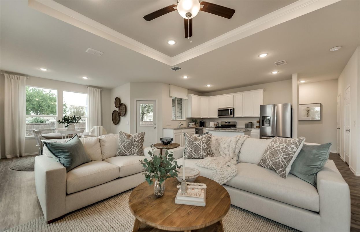Interior, Kitchen, Living room, Recessed Lighting, Stainless Steel Appliances, Wood Texture Flooring