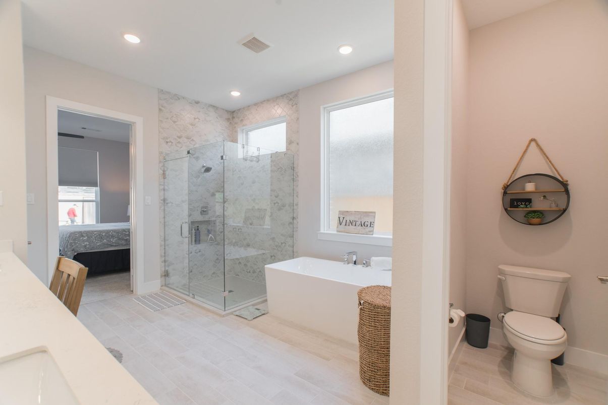 Bathroom, Free Standing Baths, Glass Shower, Interior, Recessed Lighting, Wood Texture Flooring