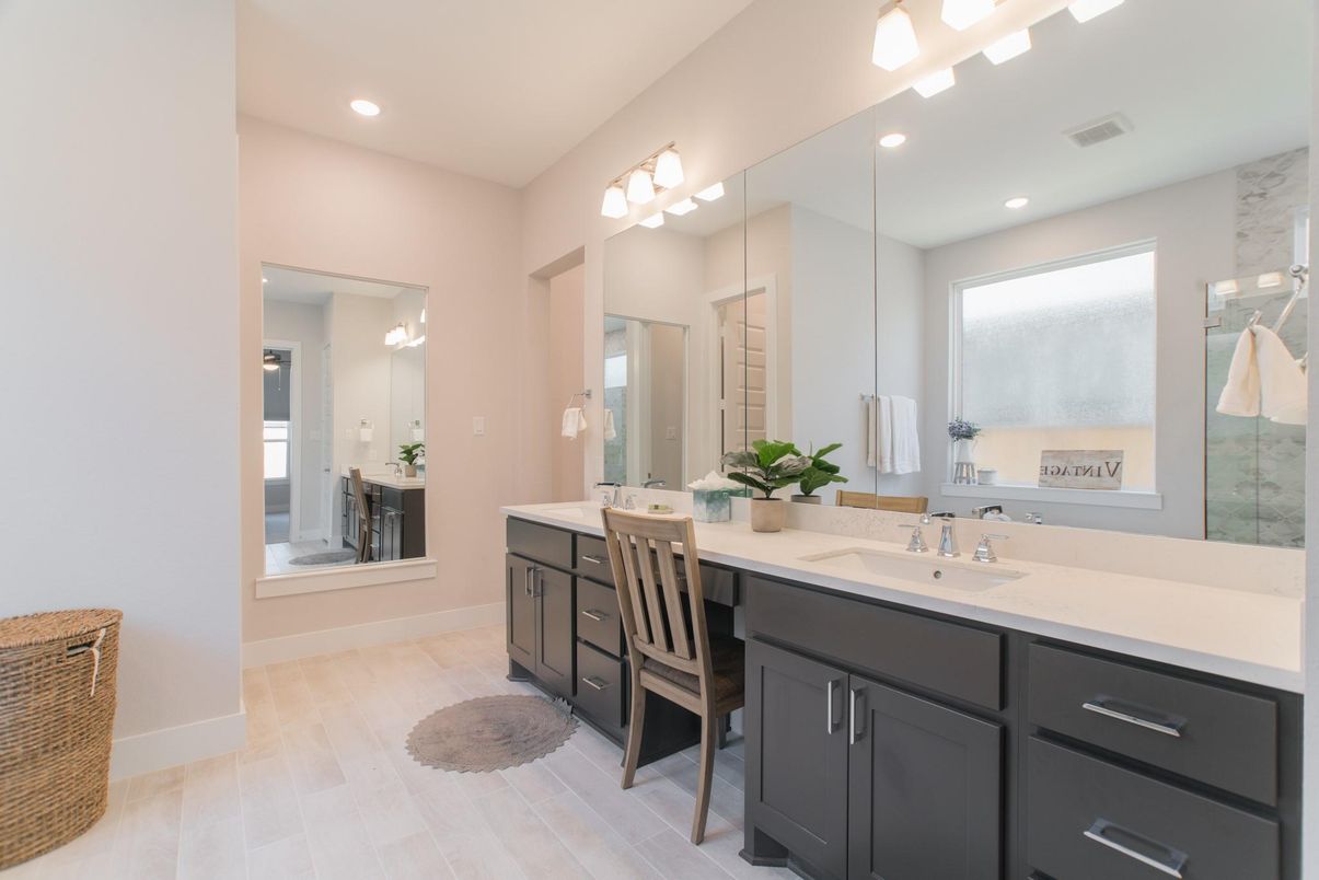 Bathroom, Dual Sink Vanities, Interior, Recessed Lighting, Wood Texture Flooring