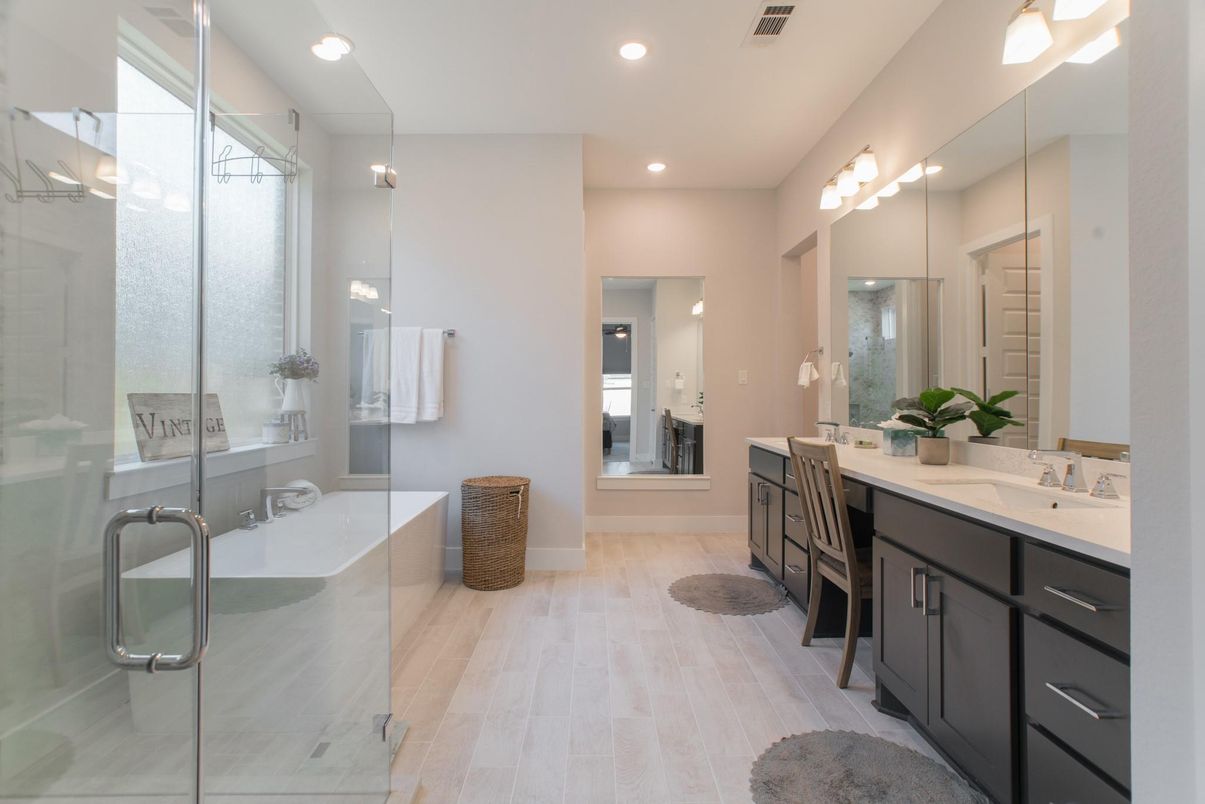 Bathroom, Dual Sink Vanities, Glass Shower, Interior, Recessed Lighting, Wood Texture Flooring