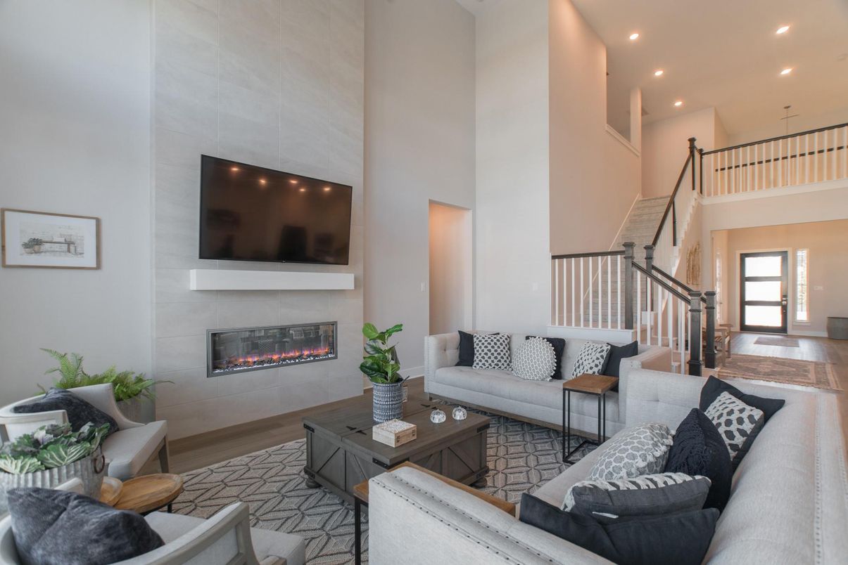 Fireplace, Interior, Living room, Recessed Lighting, Wood Texture Flooring