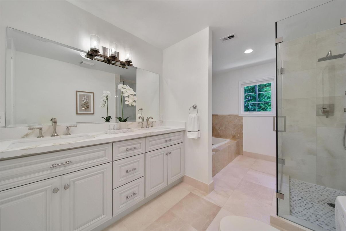 Bathroom, Dual Sink Vanities, Glass Shower, Interior, Recessed Lighting
