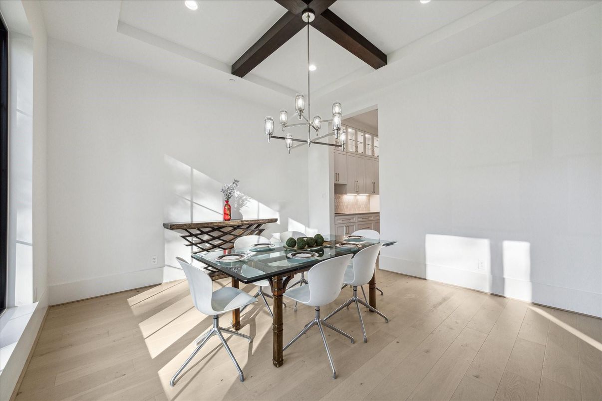 Chandelier, Dining room, Interior, Pendant Lights, Recessed Lighting, Wooden Beams, Wood Texture Flooring