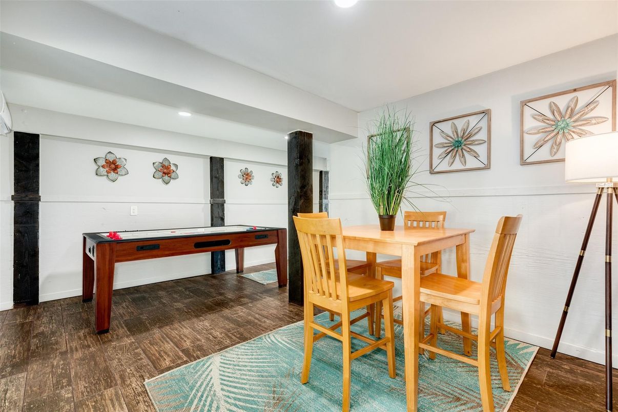 Dining room, Game Room, Interior, Recessed Lighting, Wood Texture Flooring