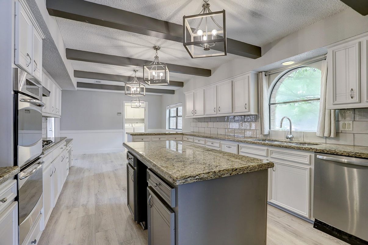 Interior, Kitchen, Pendant Lights, Stainless Steel Appliances, Wood Texture Flooring