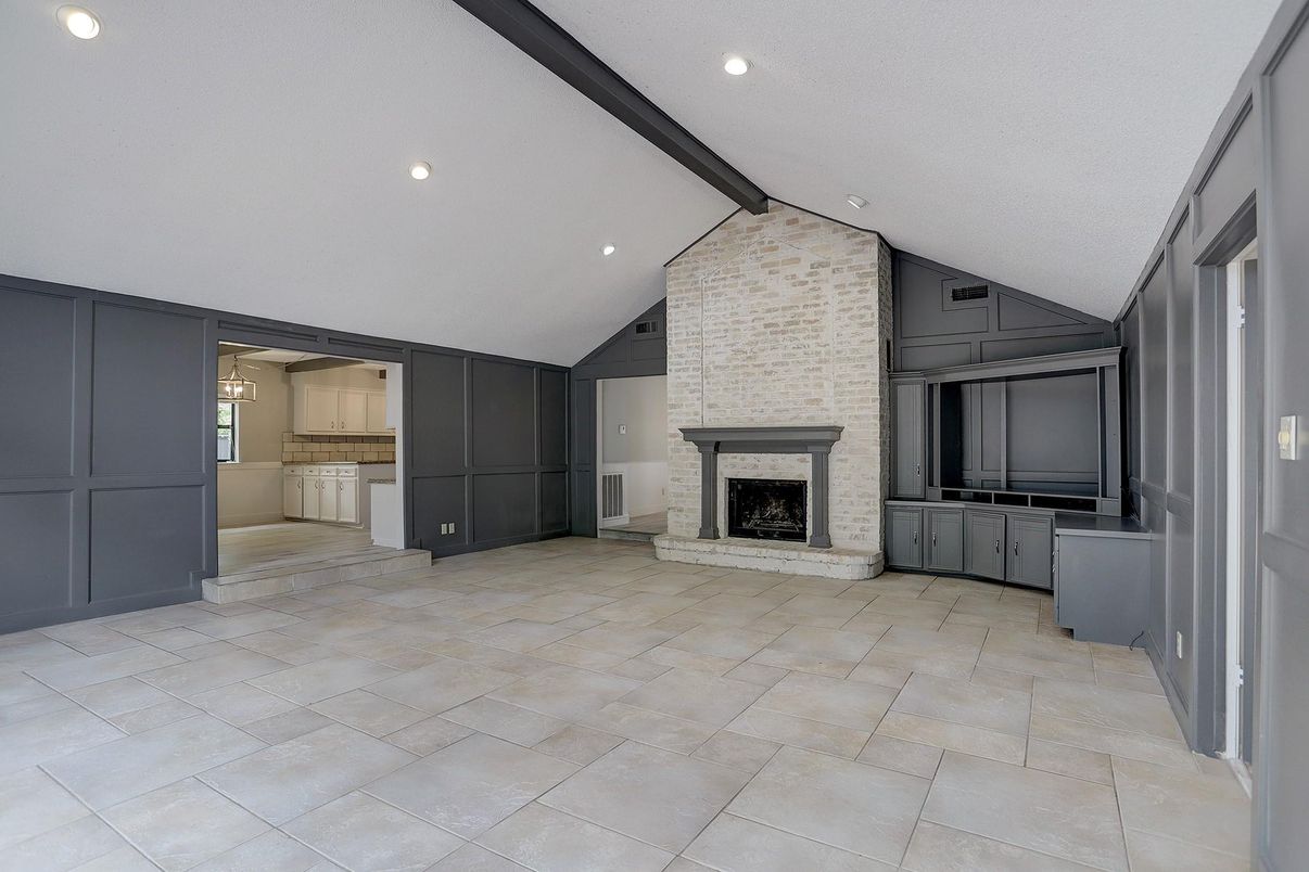 Empty room, Fireplace, Interior, Recessed Lighting, Stone Walls