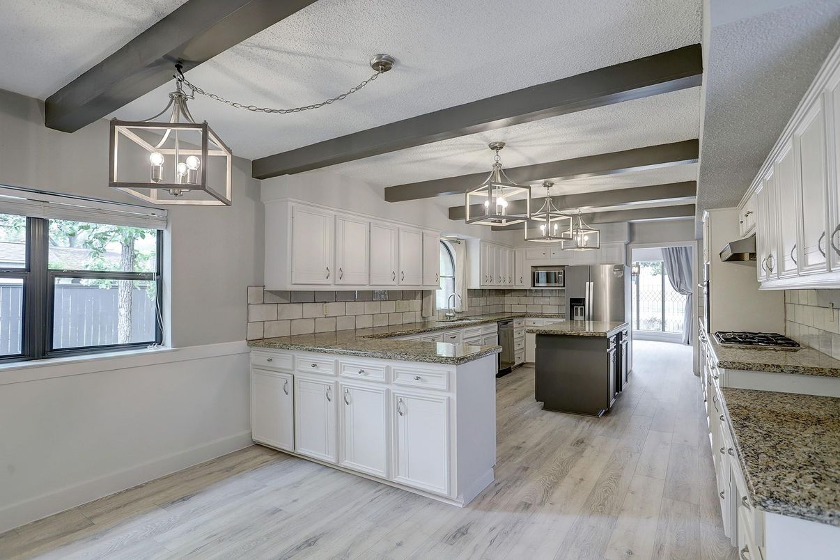 Interior, Kitchen, Pendant Lights, Wooden Beams, Wood Texture Flooring