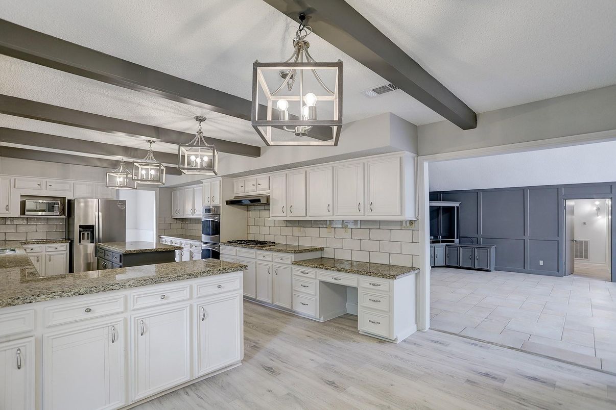 Interior, Kitchen, Pendant Lights, Stainless Steel Appliances, Wooden Beams, Wood Texture Flooring