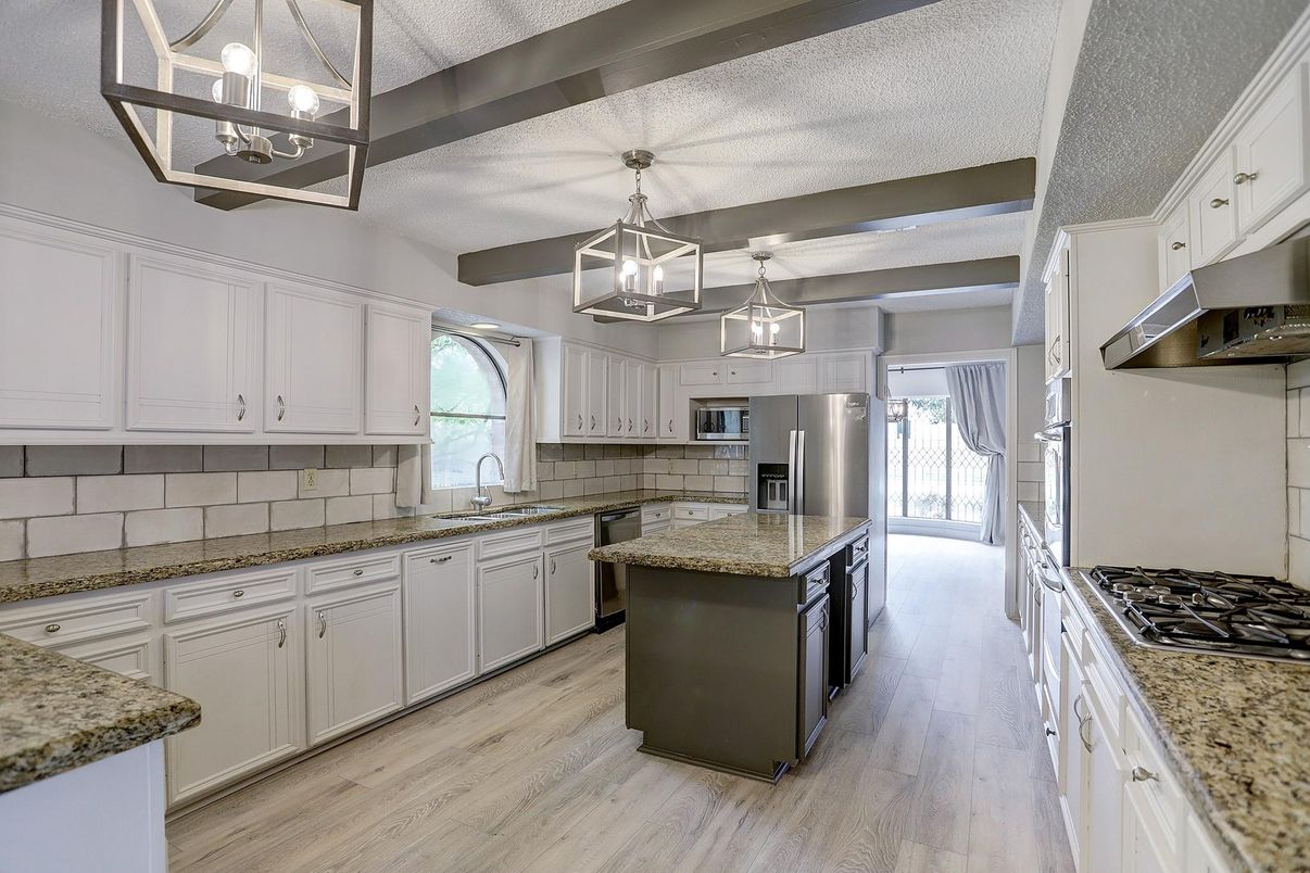 Interior, Kitchen, Pendant Lights, Stainless Steel Appliances, Wood Texture Flooring