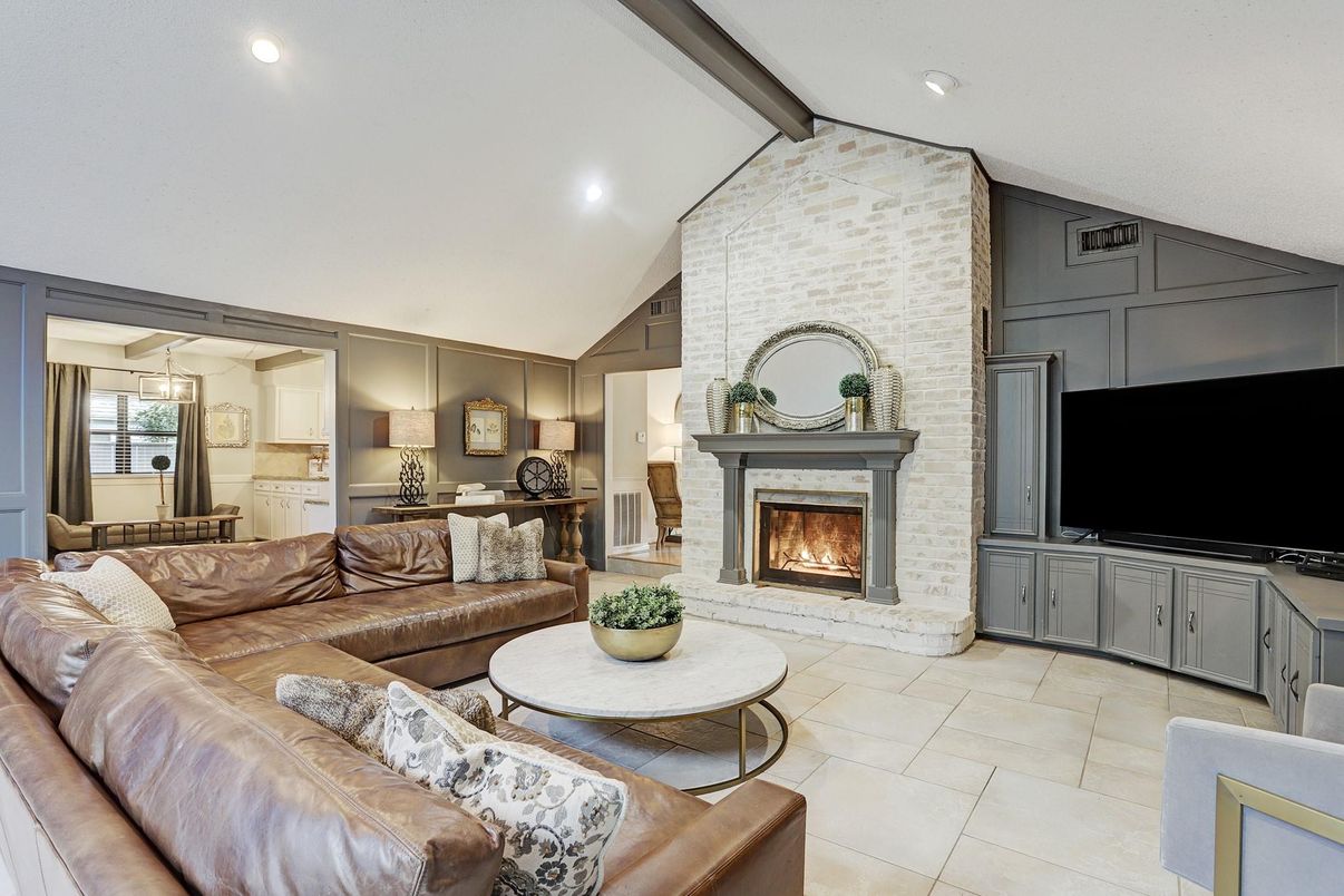 Fireplace, Interior, Living room, Recessed Lighting, Stone Walls
