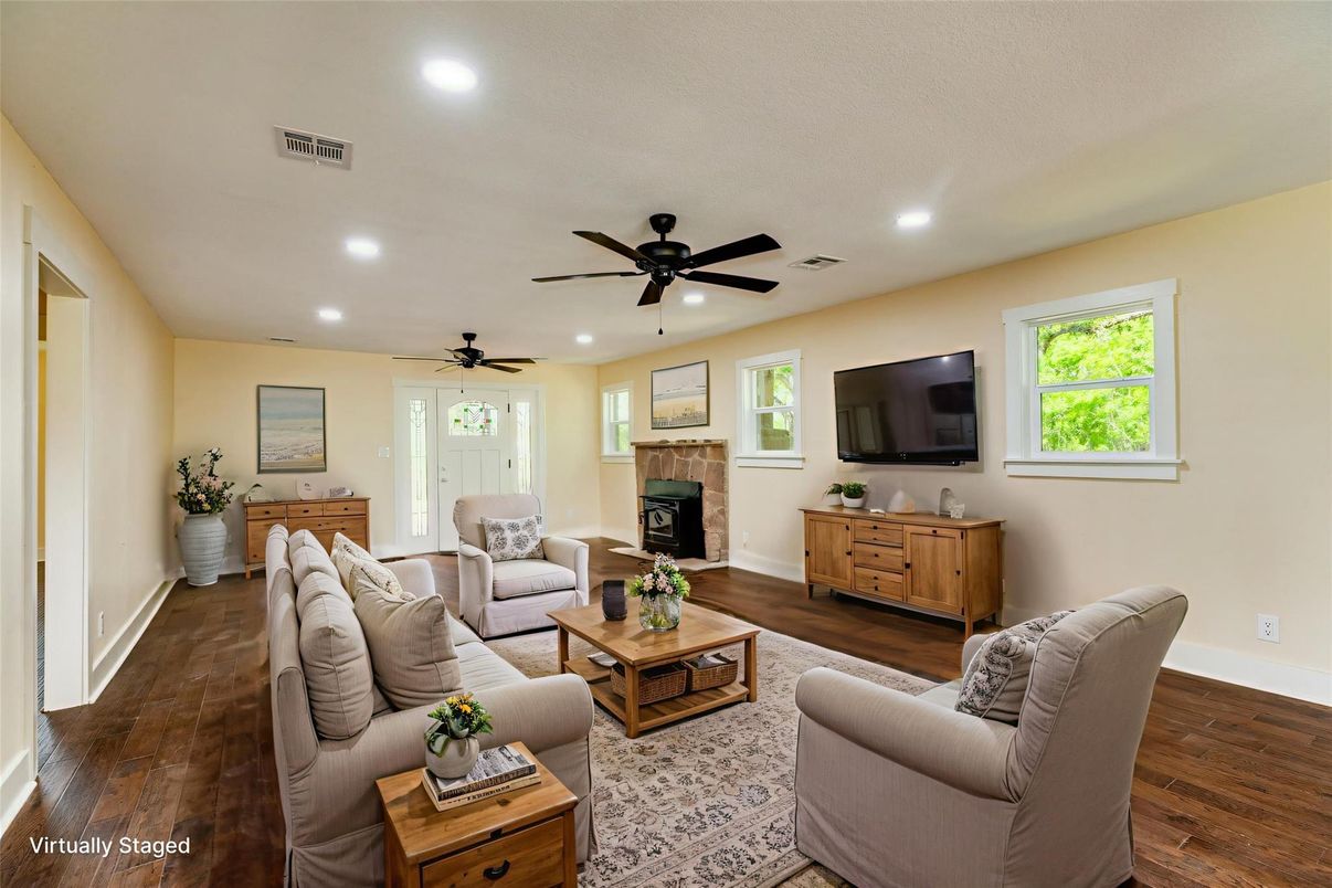 Fireplace, Interior, Living room, Recessed Lighting, Wood Texture Flooring