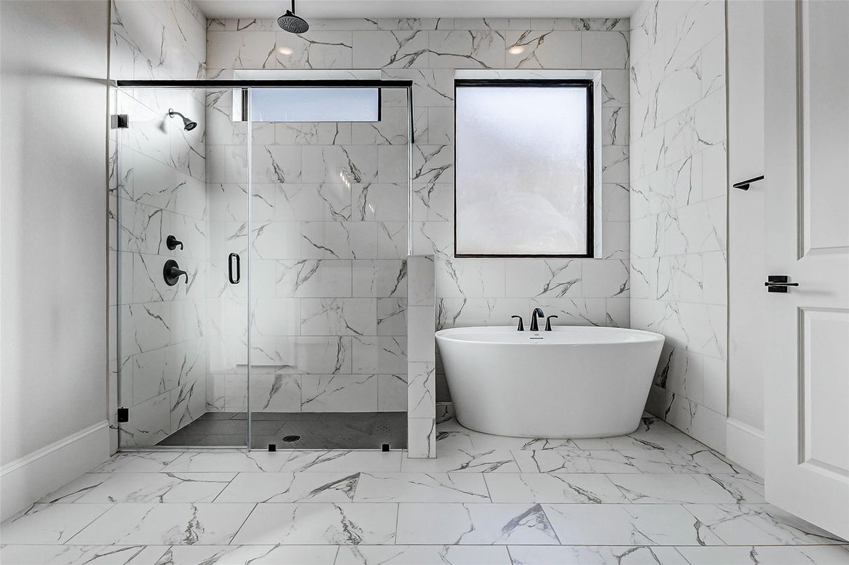Bathroom, Free Standing Baths, Glass Shower, Interior, Marble, Marble Walls, Recessed Lighting
