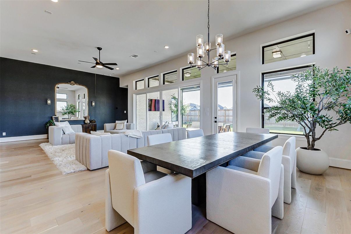 Dining room, Interior, Living room, Pendant Lights, Recessed Lighting, Wood Texture Flooring