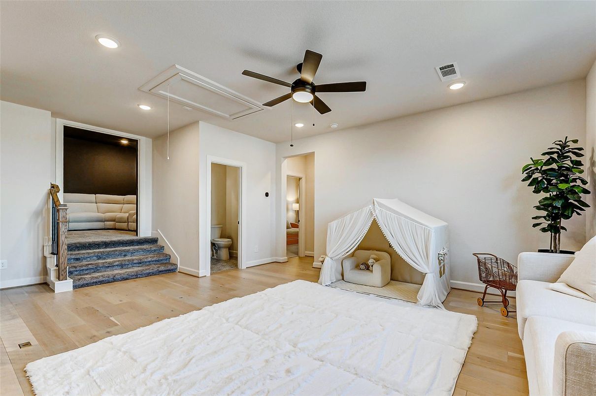 Bedroom, Interior, Recessed Lighting, Wood Texture Flooring